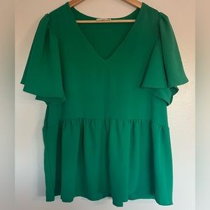 ENTRO V-Neck Peplum Green Top-Large